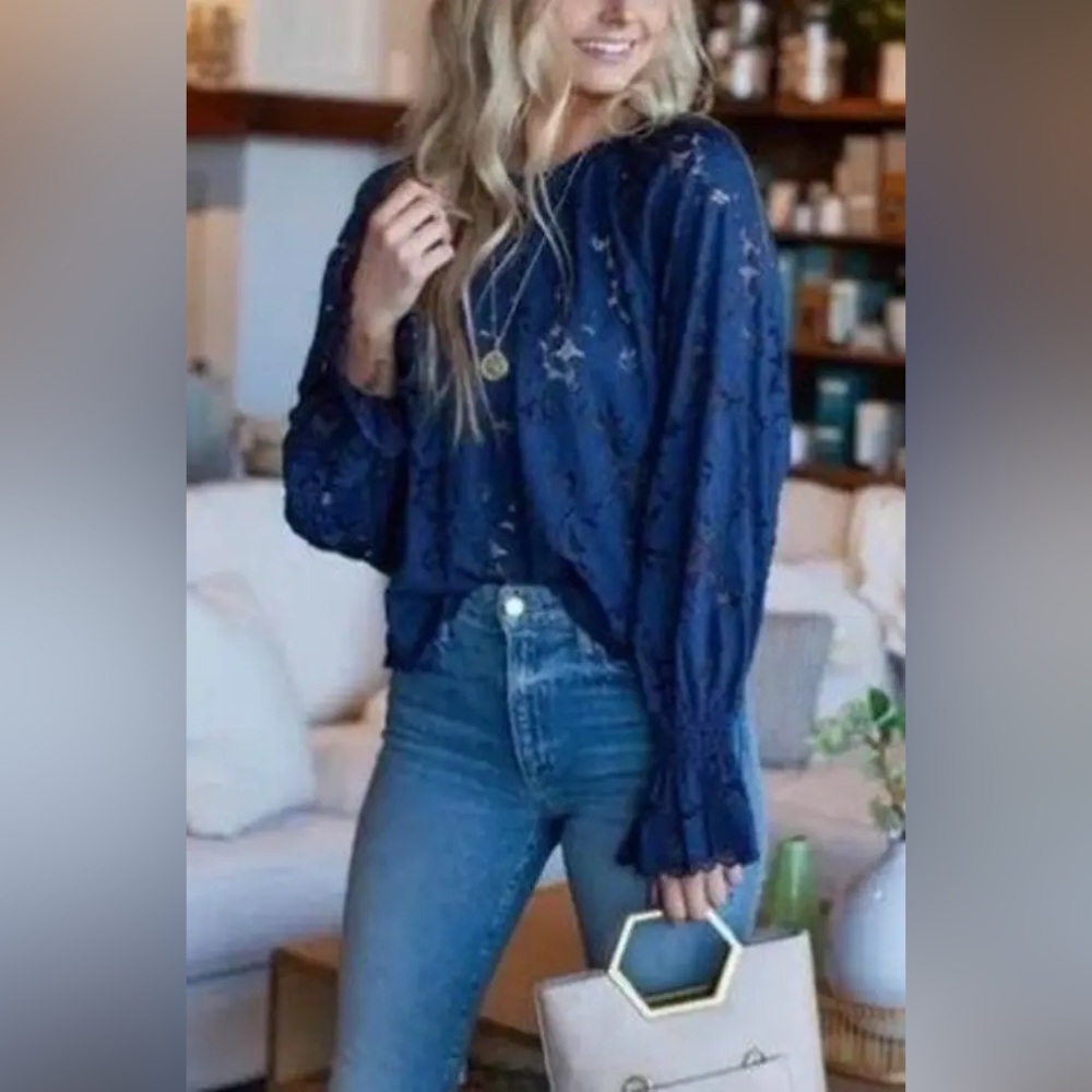 Free People Blue Relaxed Lace Blouse